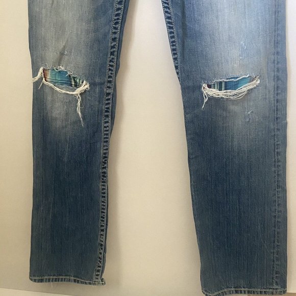BKE Jeans Mens 33x34XL Jake Blue Denim Distressed Knee Patches Thick Stitch - Picture 7 of 11